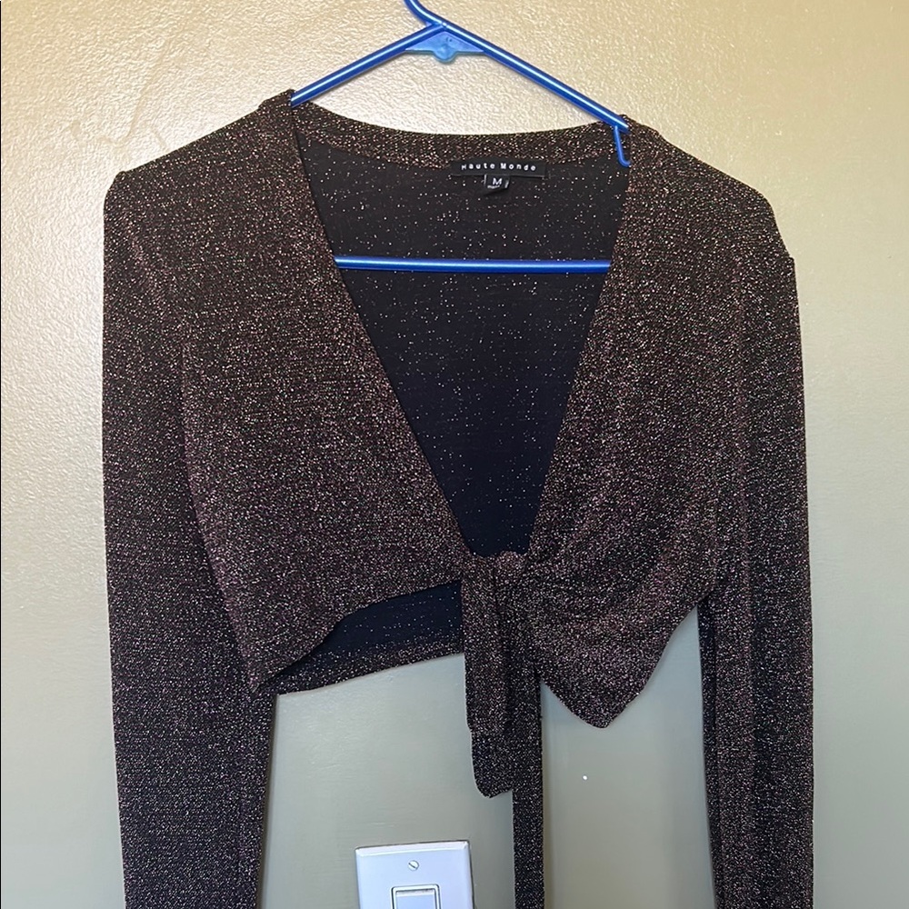 Black Sparkle Tie-Front Top